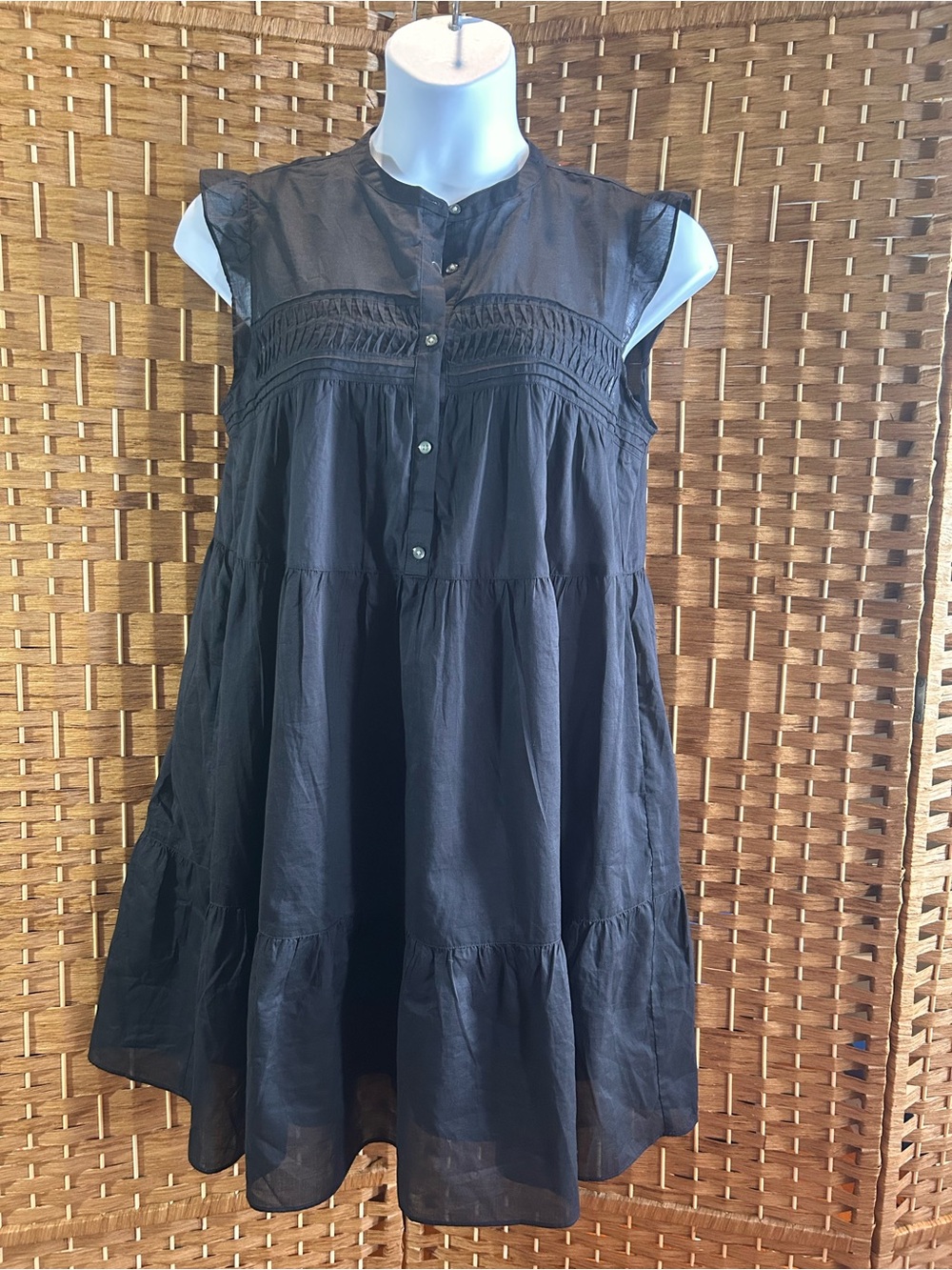 Black Tiered Cotton Mini Dress L NWT Babydoll Pintuck Cottagecore